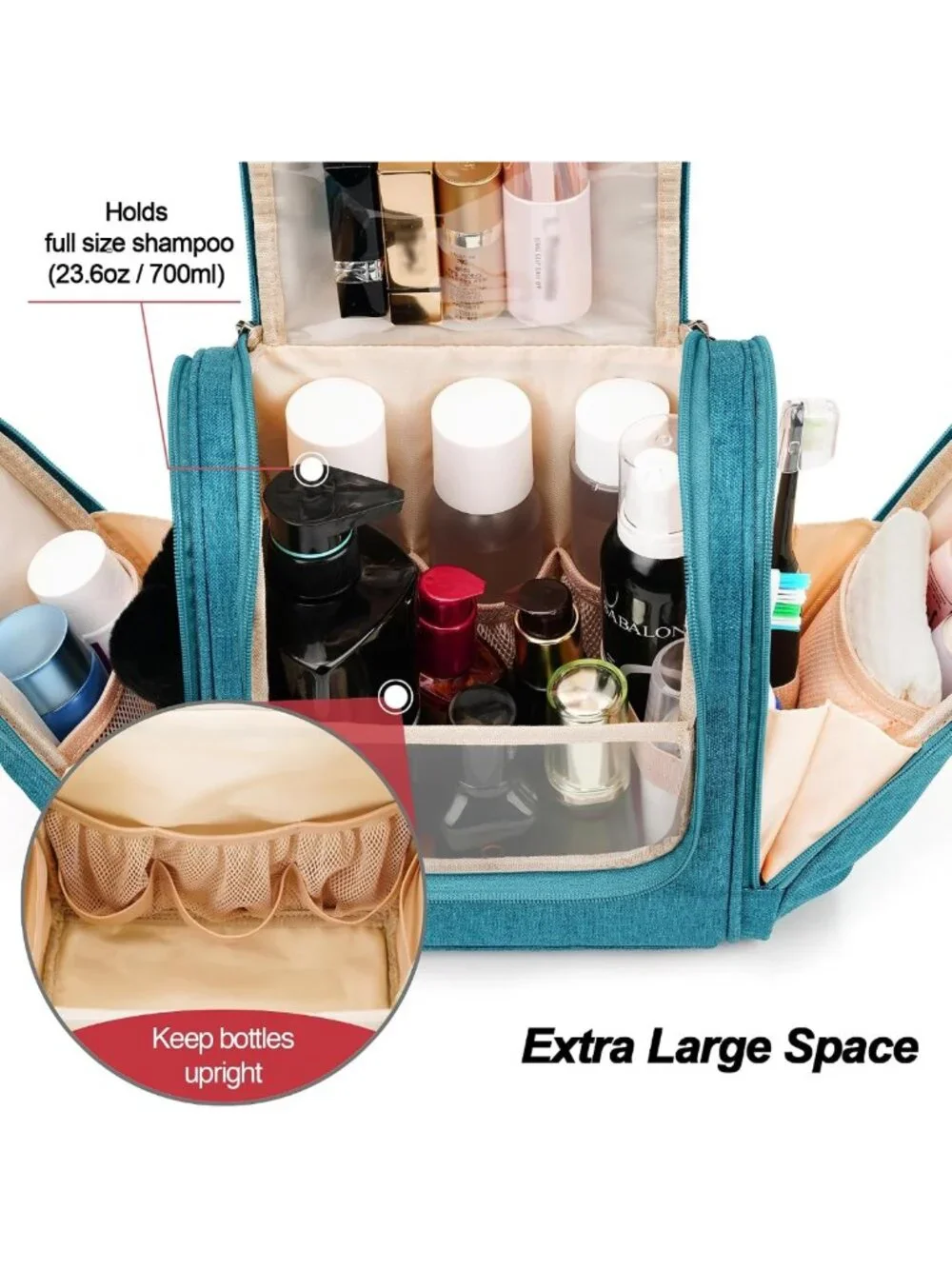 Travel Toiletry Bag - Large, Water-Resistant, 6 Organizer Compartments, Makeup